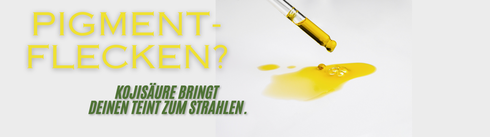Pipette mit Kojisäure-Serum neben gelbem Flüssigkeitstropfen – Wirkstoff gegen Pigmentflecken und unruhigen Hautton